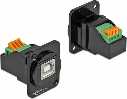 Modul paneli DeLOCK D-Type USB 2.0 Type-B femër në bllok terminal, i sheshtë, i zi