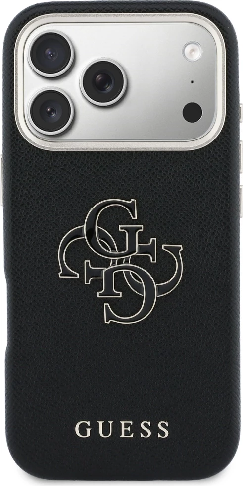 Mbështjellës Guess FW Resin Logo për iPhone 17 Pro, hardcase eco-leather/TPU/PC, i zi, në kuti