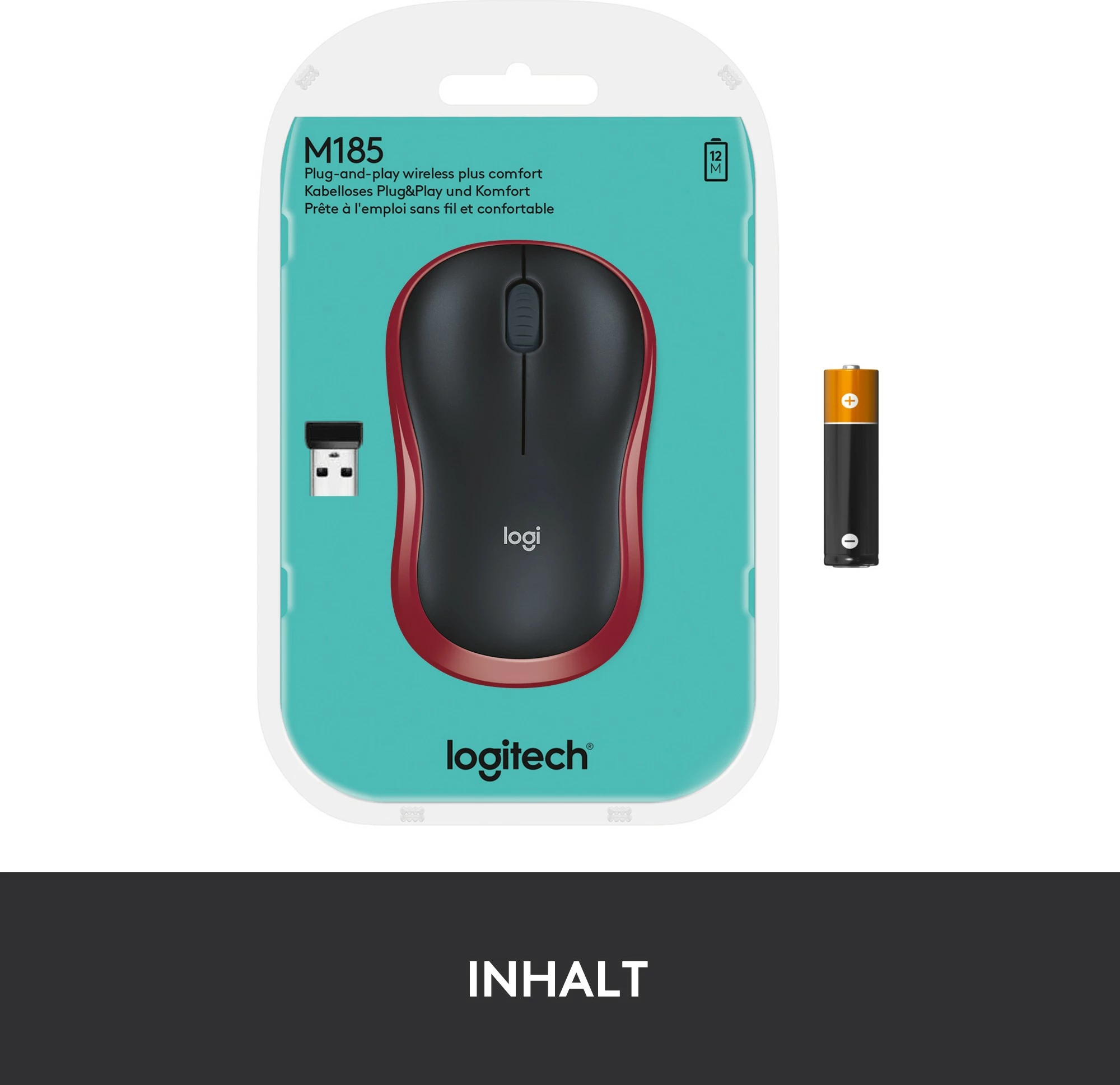 Maus Logitech Wireless M185, Optik, RF Wireless, 1000 DPI, Zi, Kuq