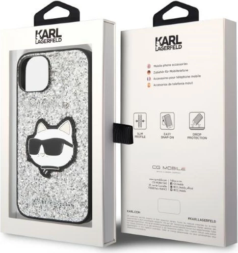 Mbështjellës Karl Lagerfeld Glitter Choupette për iPhone 14, 6.1", Argjendtë