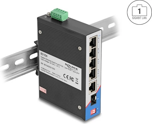 Switch DeLOCK 80164, 5x Gigabit RJ45, PoE, montim DIN rail