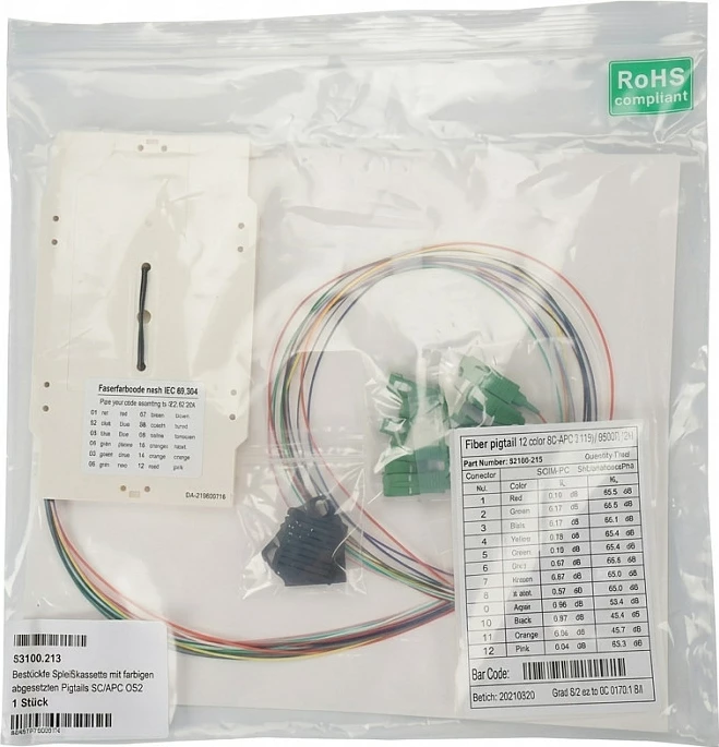 Kasetë splejsi fiber optike EFB Elektronik, SC/APC, OS2, me pigtaila me ngjyra