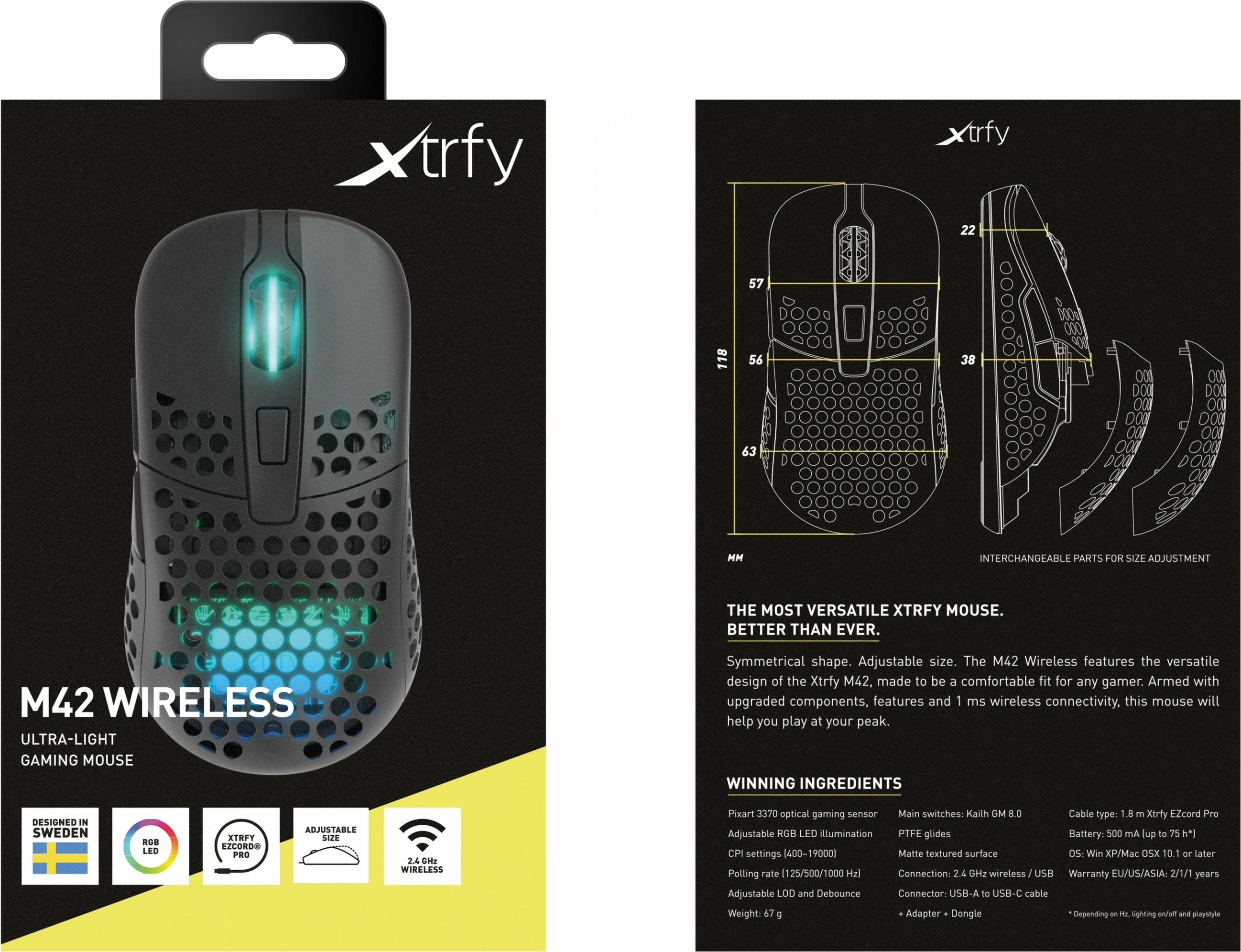 Maus Cherry XTRFY M42 RGB, Ambidextrous, Optical, RF Wireless + USB Type-C, 19000 DPI, Bardhë
