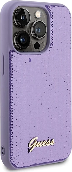 Mbështjellës Guess Sequin Script Metal për iPhone 15 Pro, vjollcë