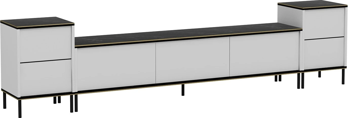 Komodë TV Skye Decor, e bardhë, mermer, me dy komodina