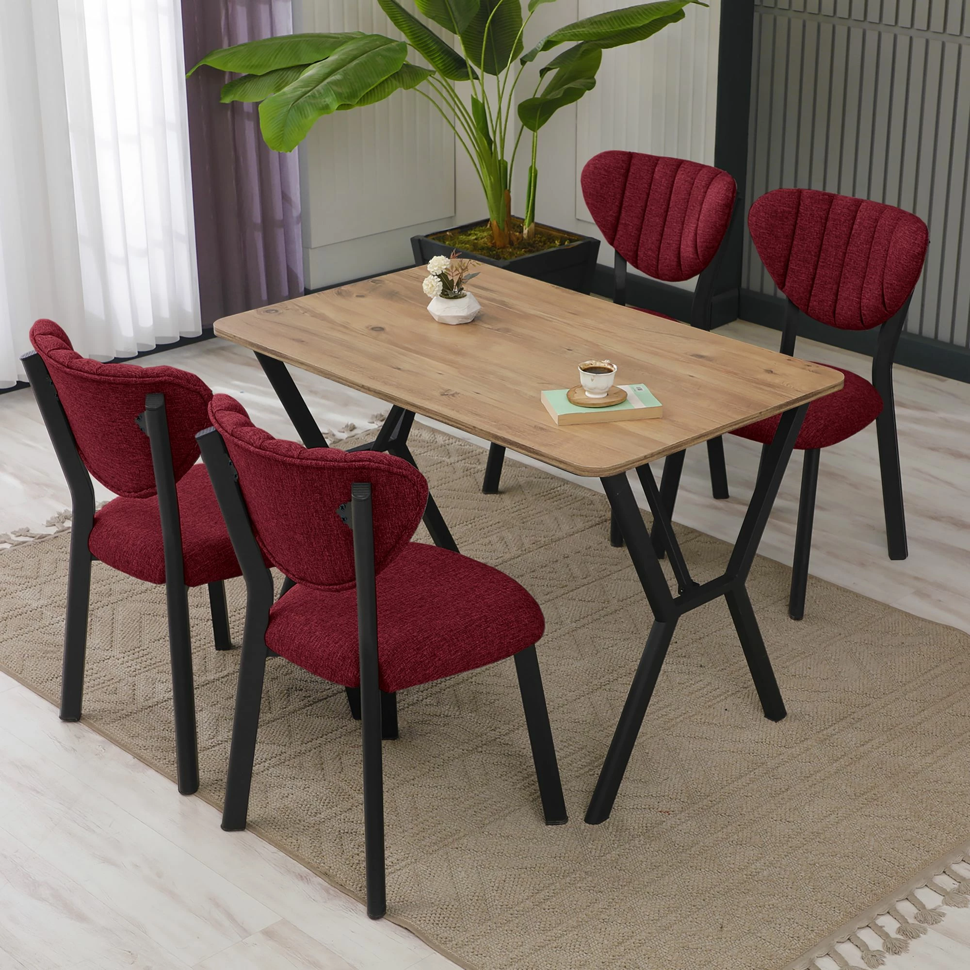 Tavolinë me karrige, zgjatëse, 5 copë, Skye Decor, ngjyrë elma-burgundy, walnut