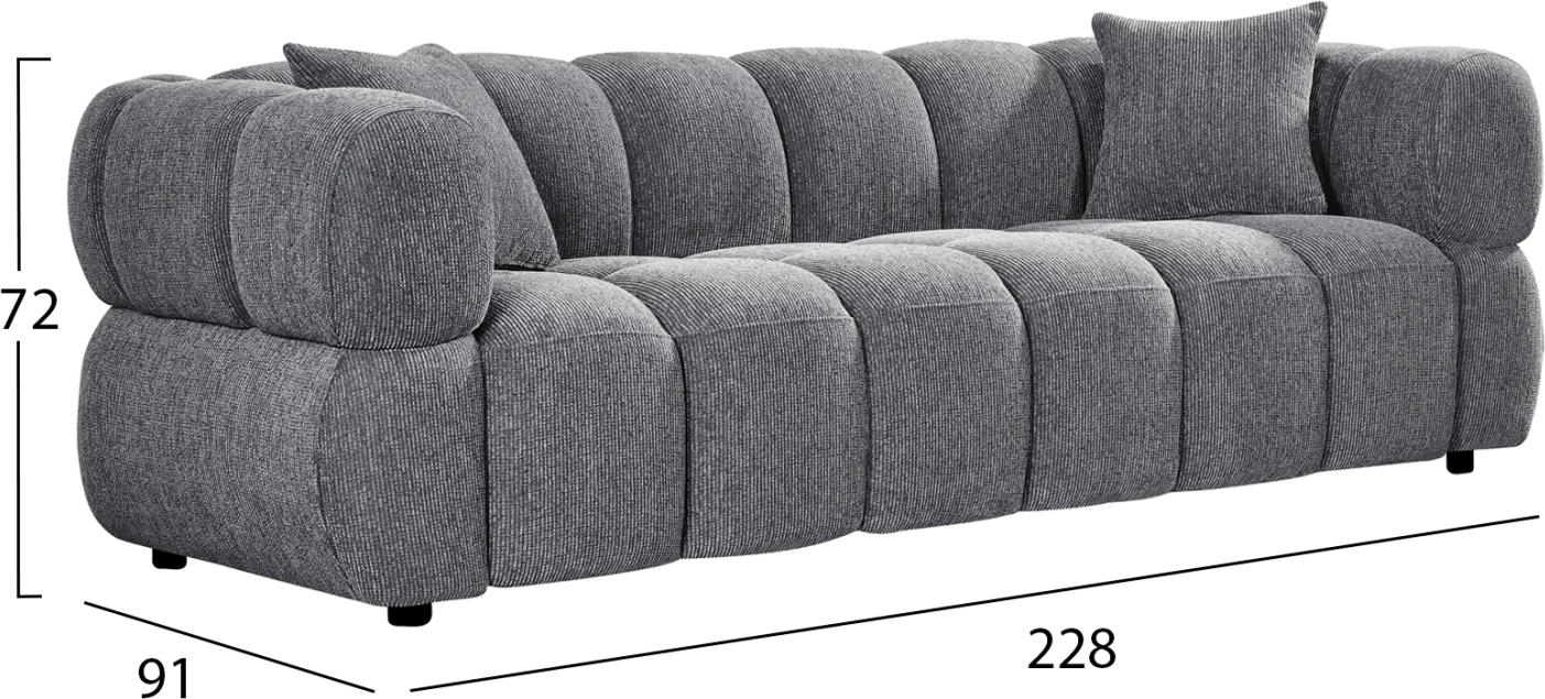 Divan NORIKA për 3 persona, material gri, 228x91x72cm