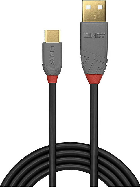Kabllo USB LINDY Anthra Line, USB-A në USB-C, 2m, USB 2.0 480Mbps, zezë/gri