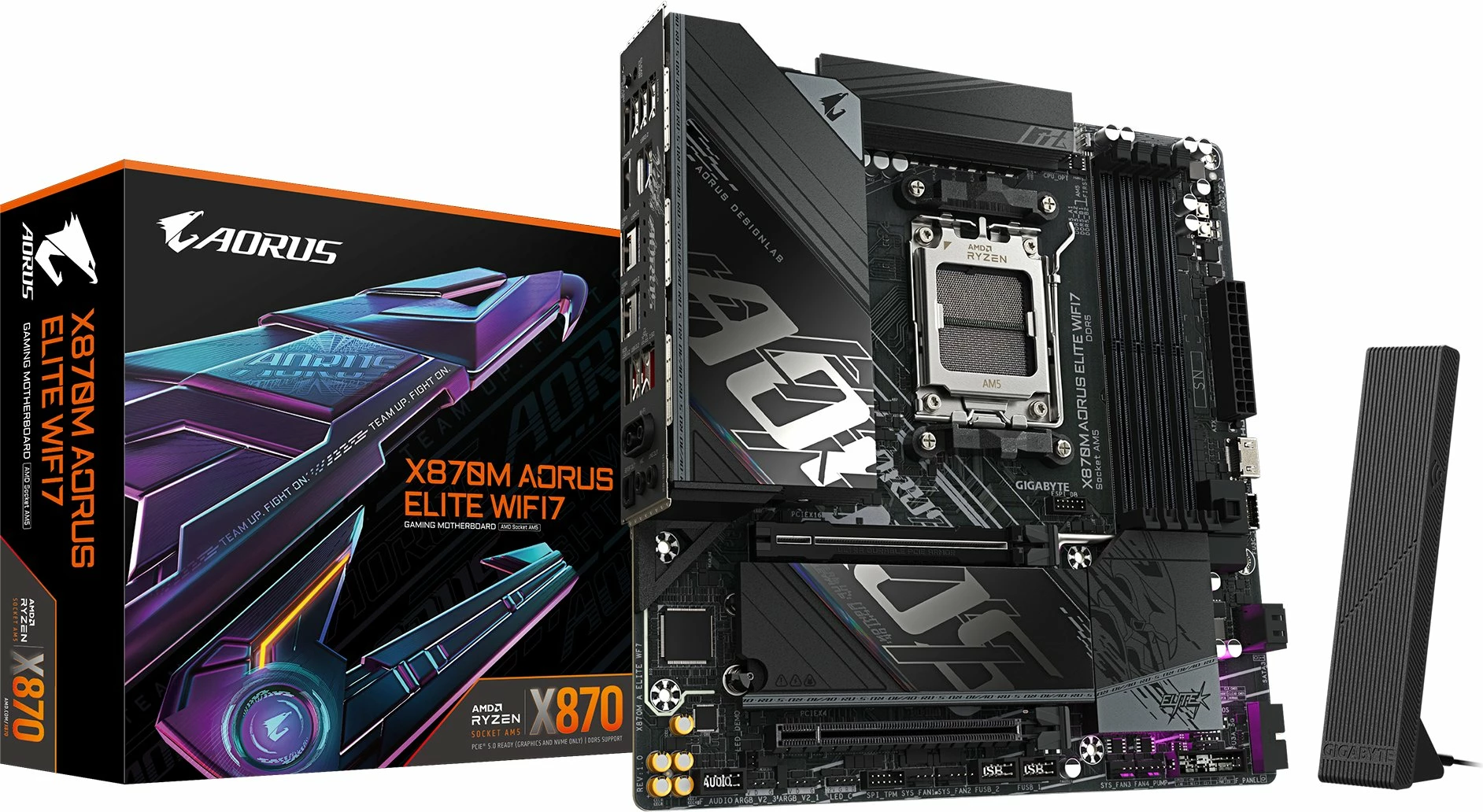 Pllakë amë Gigabyte X870M AORUS ELITE WIFI7 (AM5, Micro ATX, DDR5, Wi‑Fi 7) e zezë, me antenë Wi‑Fi