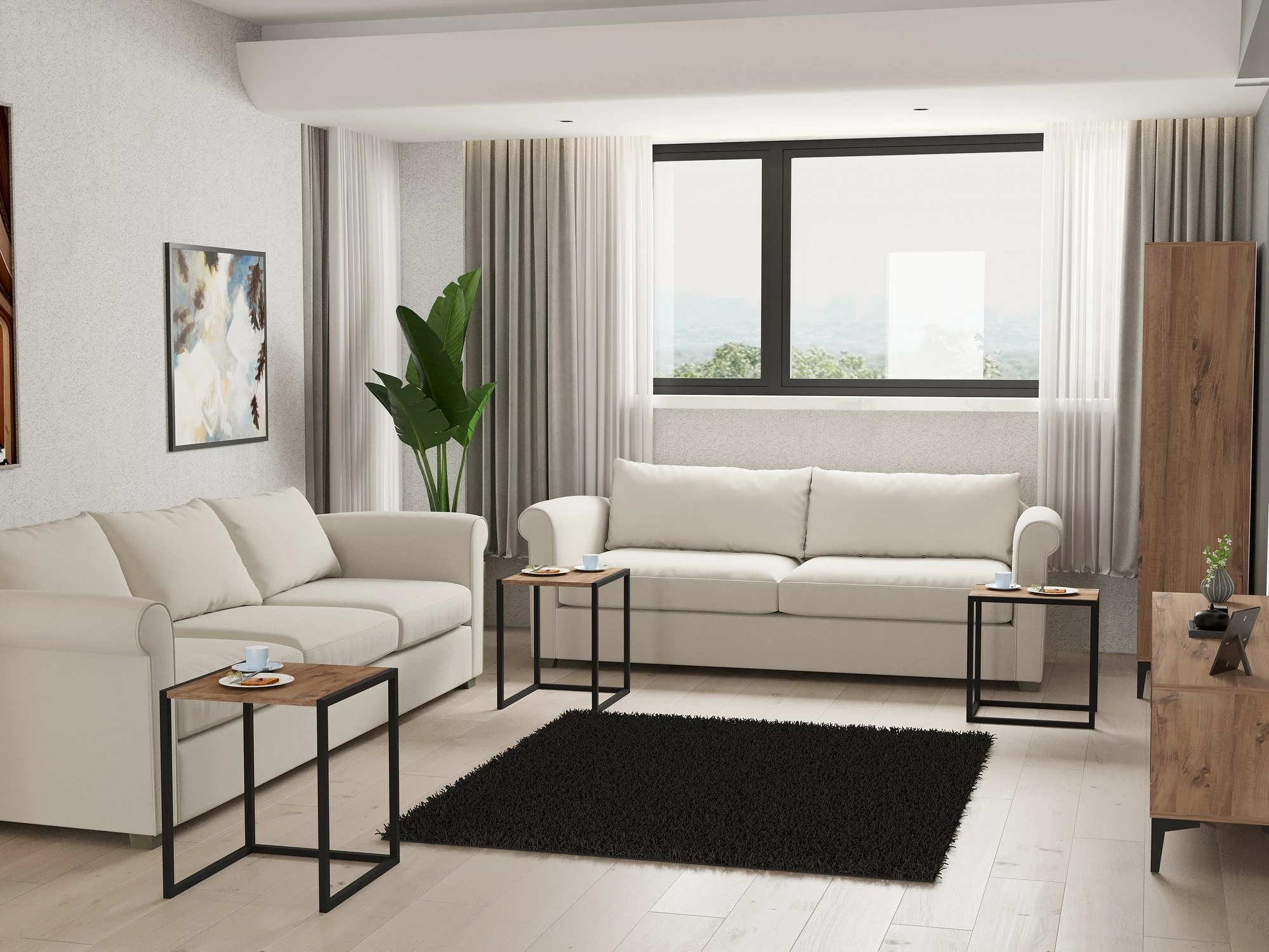 Set tavolinash ndihmëse, 3 copë, këmbë të zeza, sipërfaqe ngjyrë Atlantic Pine, Hanah Home, Tali