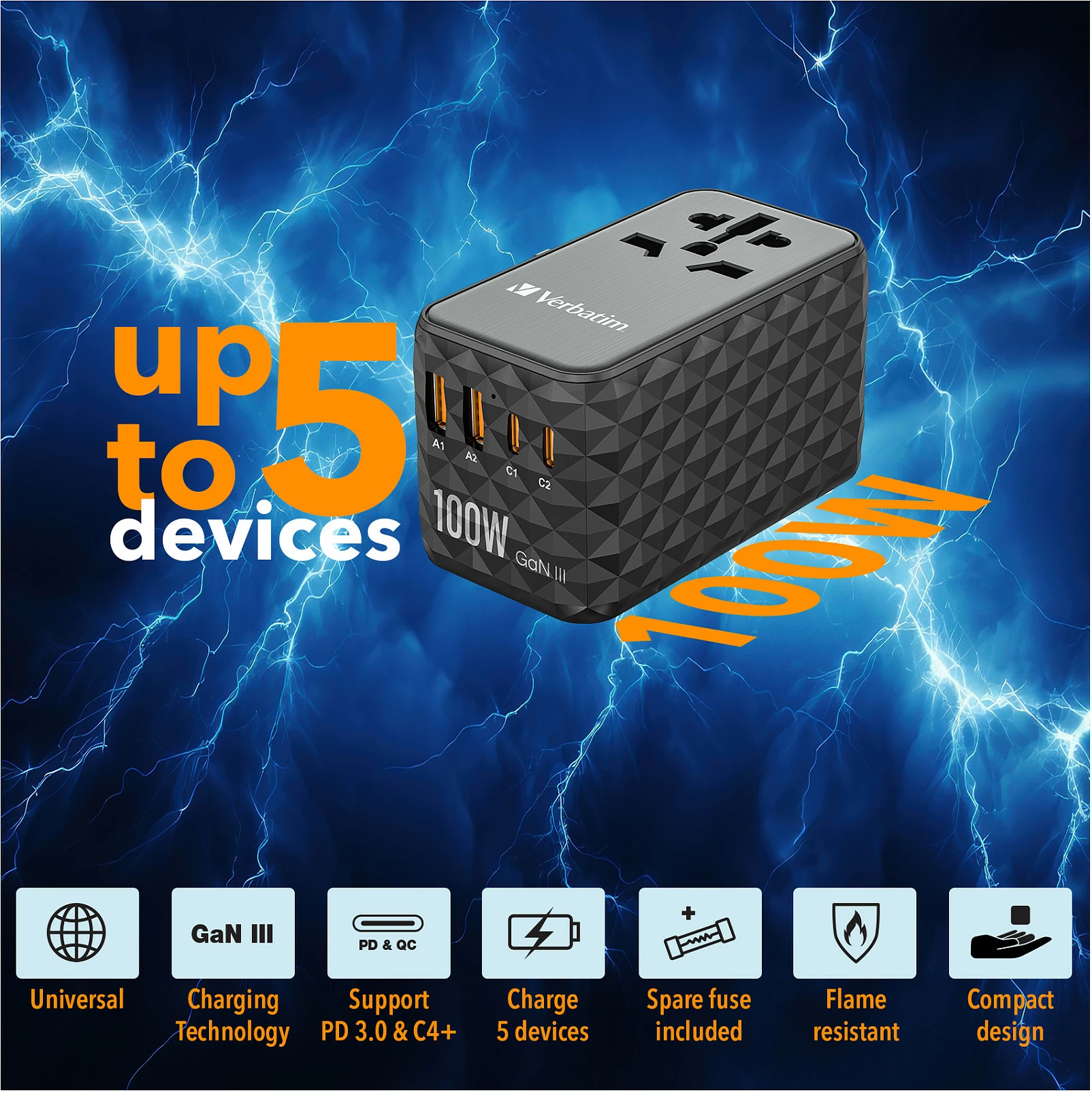 Adapter udhëtimi Verbatim UTA-06 GaN III, 100W, 2x USB-C PD, 2x USB-A QC, i zi