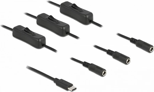 Kabllo USB-C DeLOCK në 3x DC 5.5x2.1 mm me switch, 1 m, e zezë