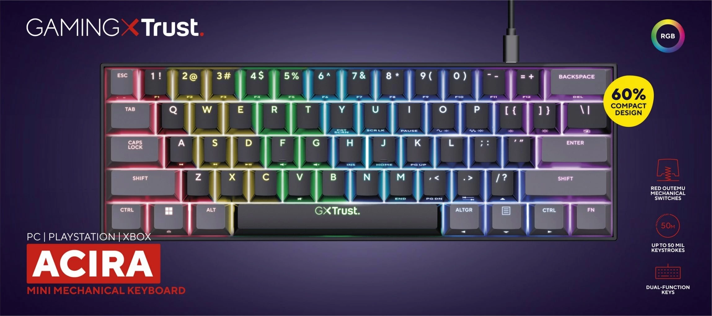Tastierë gaming Trust GXT 867 Acira, 60%, USB, USB-C, US 3