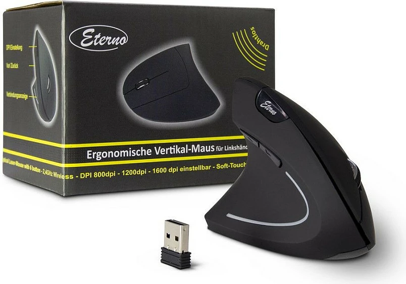 Maus vertikal wireless Inter-Tech KM-206L, majtak, 1600 DPI, USB nano, zi/bardhë
