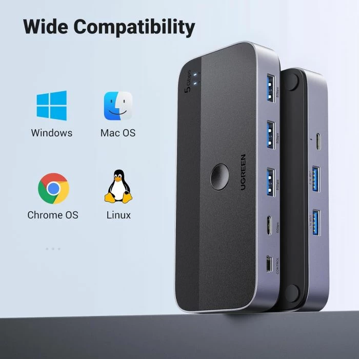 USB Switch 3.0 UGREEN 15705, 4 porte (1x USB-C + 3x USB-A), për 2 kompjuterë, me remote + 2 kabllo A-A