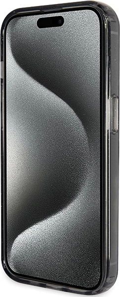 Mbështjellës Guess Ring Stand Script Glitter MagSafe për iPhone 15 Pro, i zi