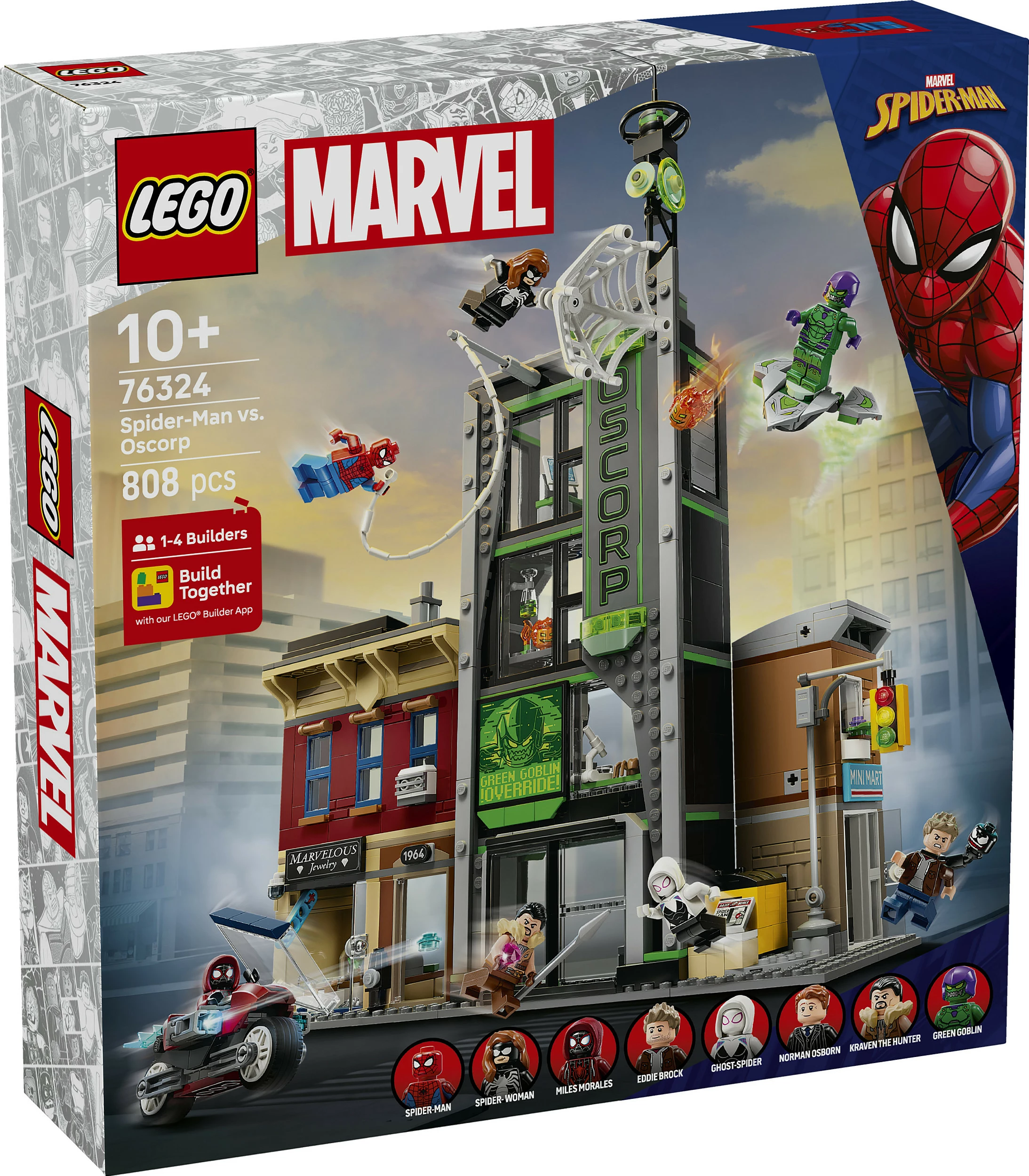Set ndërtimi LEGO Marvel Spider-Man vs. Oscorp 76324, 808 copë, 10+, shumëngjyrësh