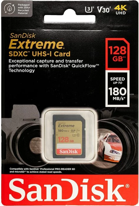Kartelë memorje SDXC, SanDisk Extreme SDSDXVA-128G-GNCIN, 128GB, UHS-I U3 V30, 180MB/s leximi 90MB/s shkrimi, me RescuePRO Deluxe 1 vjet
