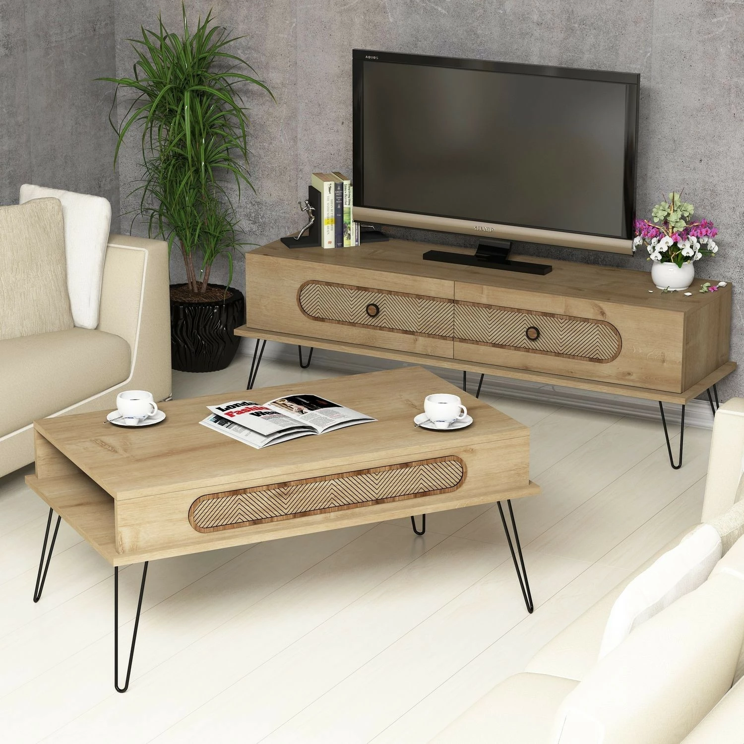 Set mobiljesh për dhomë dite Skye Decor, ngjyrë lisi, Ekol