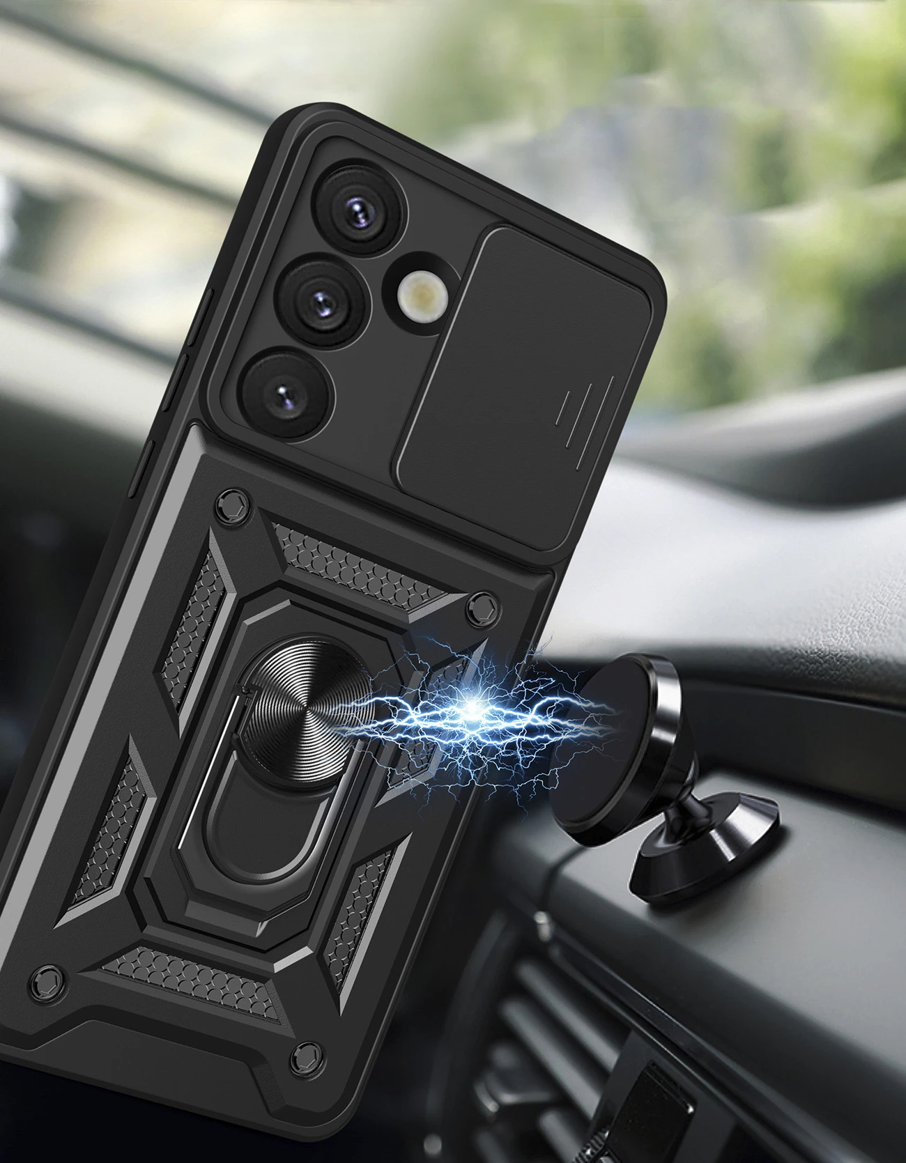 Mbështjellës Hurtel Hybrid Armor Camshield me kapak kamere dhe unazë metalike për Samsung Galaxy S25, Zi