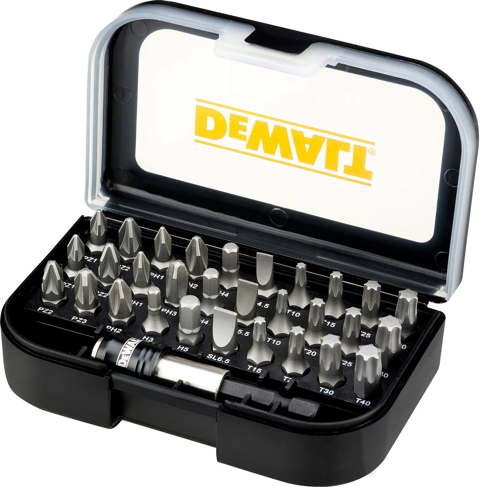 Set bitash DeWALT 31-copë, në kuti plastike, i zi