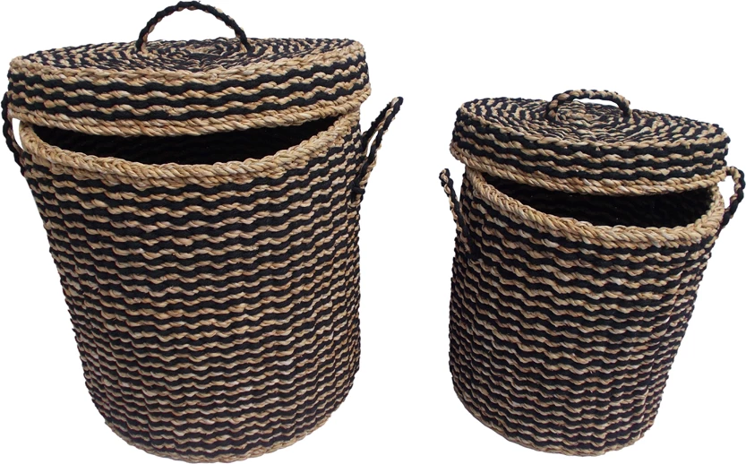 Set shporta DAMAN me kapak, 2 copë, 44x44x45cm, kashtë deti, natyrale/zezë