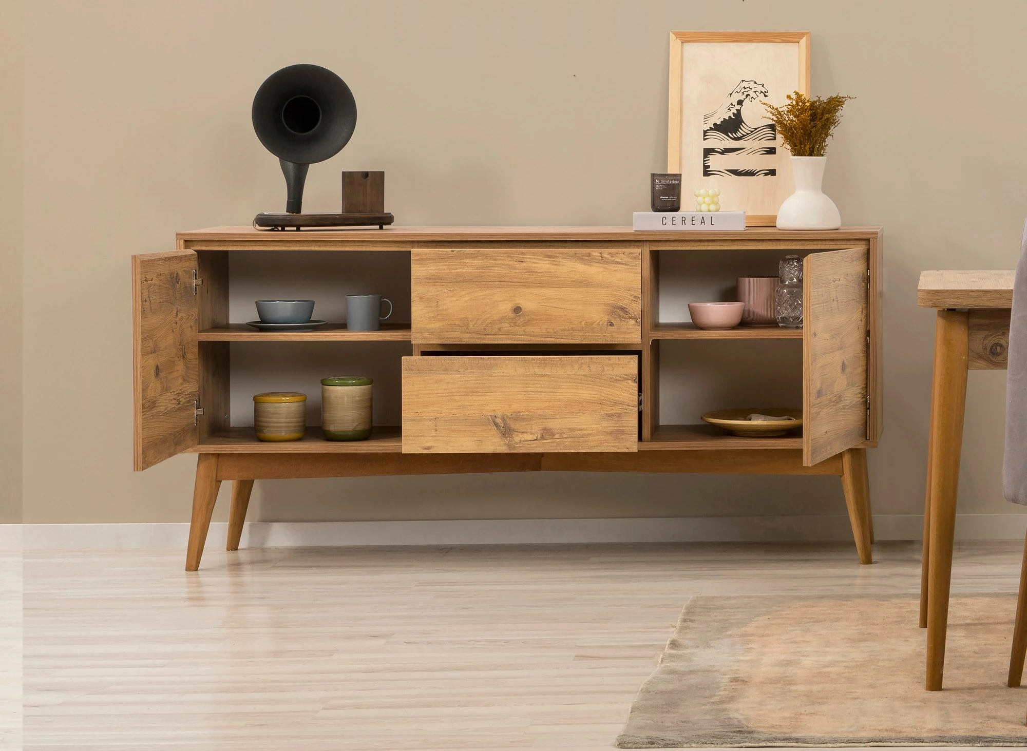 Set tavolinë me karrige dhe konsolë, zgjatues, 6 pjesë, Skye Decor, Vina 01 0701, ngjyrë pishë atlantike, gri