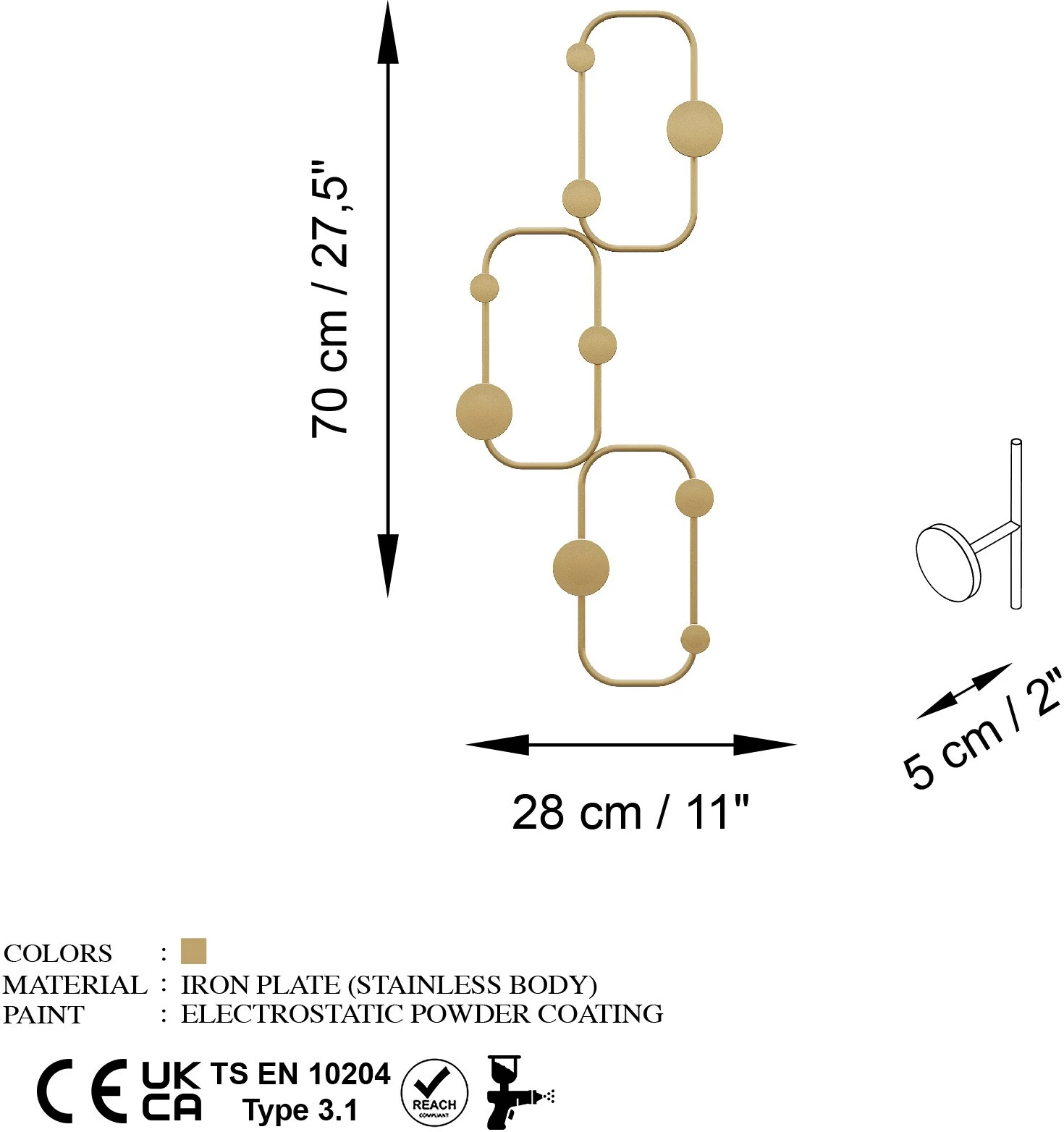 Varëse muri metalike Wallity, Lizard-A, ngjyrë ari