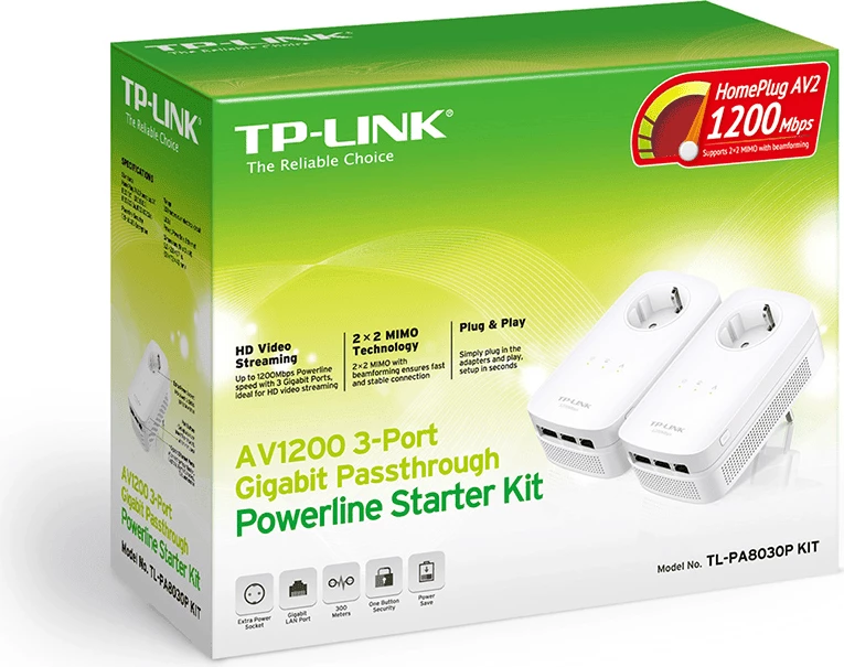 Adapter rrjeti Powerline, TP-LINK, TL-PA8030P KIT, AV1200 3-port Gigabit me prizë kaluese, e bardhë, komplet