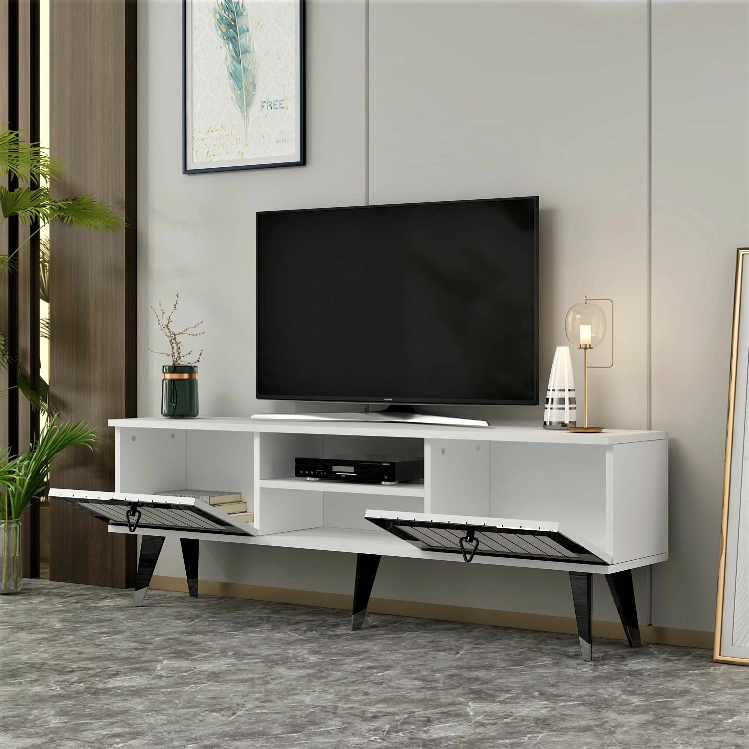 Komodë TV Skye Decor, Lidya, e bardhë, argjend