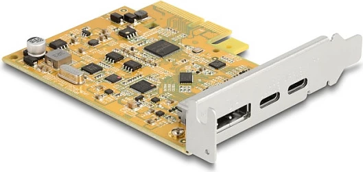 Kartë zgjerimi PCIe x4 DeLOCK, 2x USB-C 10Gbps, 1x USB-C me DP Alt Mode, PCIe 3.0, Metalike/Verdhë