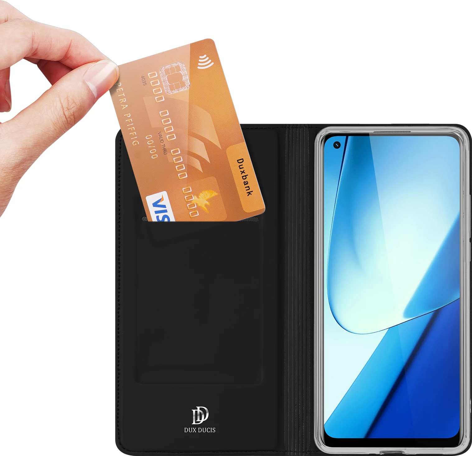 Mbështjellës Dux Ducis Skin Pro për Realme 11, me xhep kartelash dhe mbështetëse, i zi