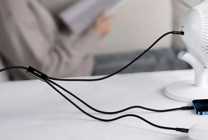Kabllo USB Baseus Rapid 3in1 CAMLT-SC01, USB-C në USB-C + microUSB + Lightning, 1.5 m, 20W PD, e zezë, 1 copë