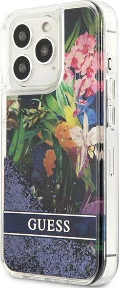 Mbështjellës Guess Flower Liquid Glitter për iPhone 13 Pro Max, Blu
