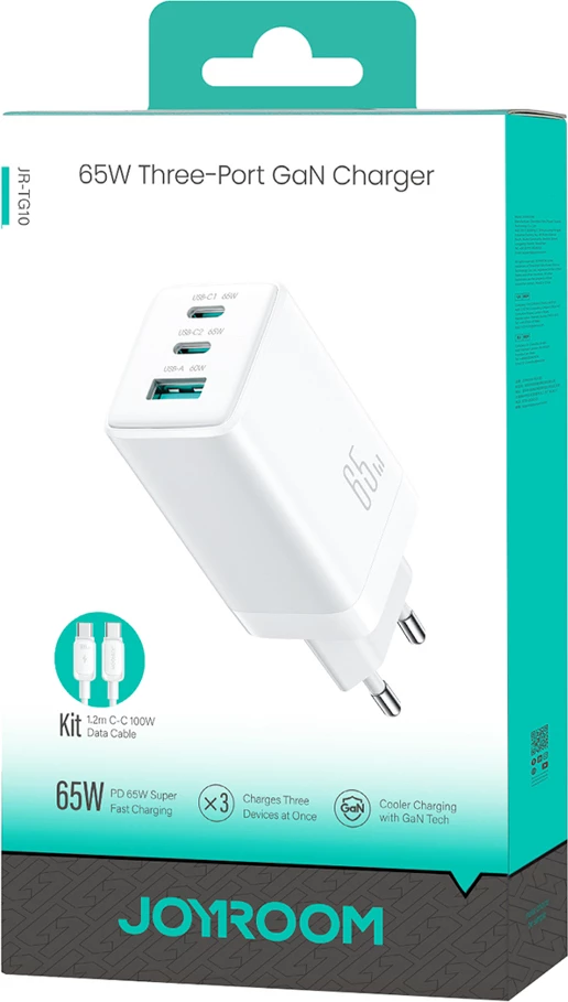 Karikues muri Joyroom JR-TG10 65W GaN, 2x USB-C + USB-A, me kabllo USB-C në USB-C 1.2m 100W, i bardhë