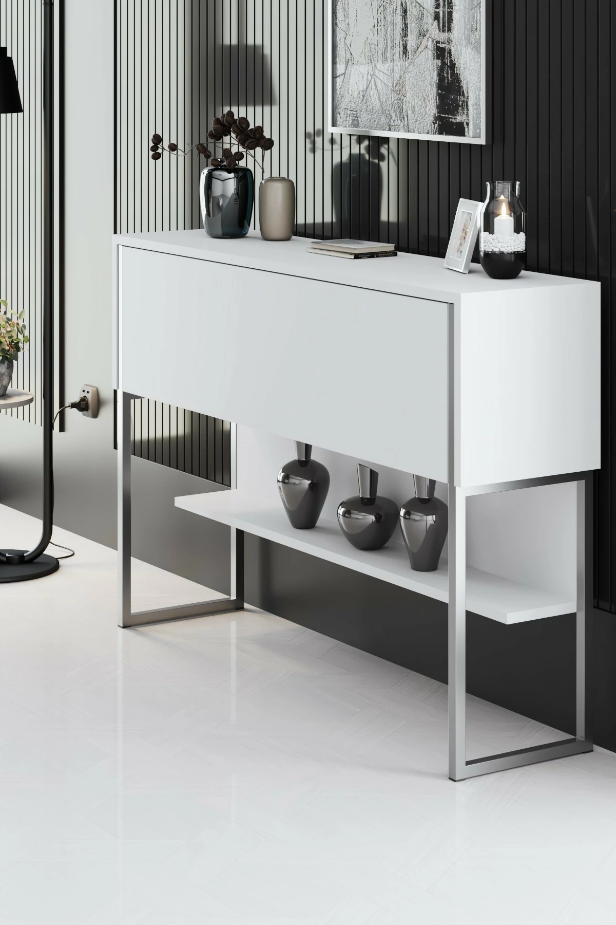Komodë Hanah Home Luxe, argjend dhe e bardhë