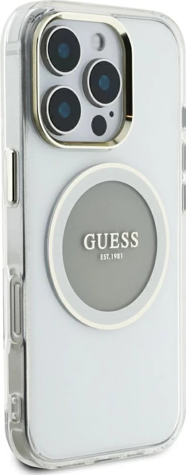 Mbështjellës Guess IML Metal Colored Circle Classic Logo MagSafe për iPhone 16 Pro Max, Gri