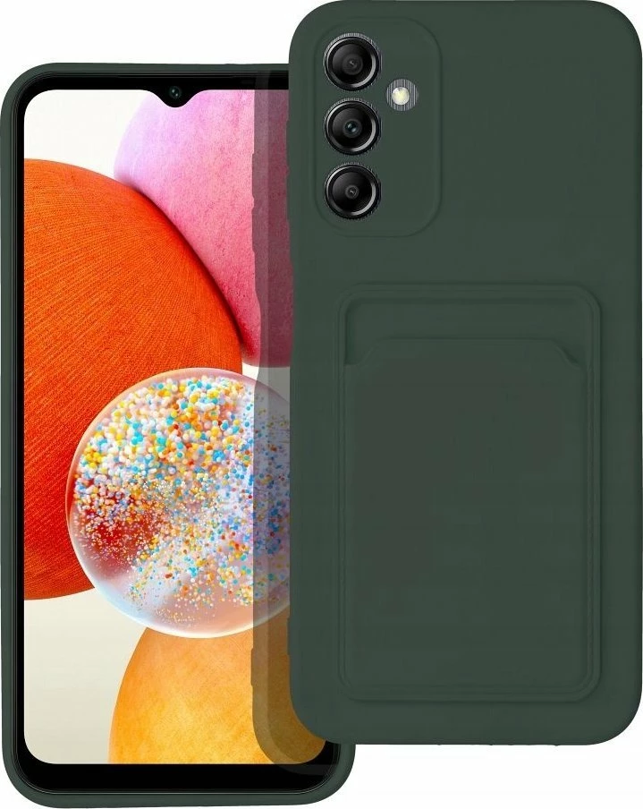 Mbështjellës OEM Forcell Card Case për Samsung Galaxy A14 5G / A14 4G, silikon, me xhep karte, mbrojtje kamere, me xham të kalitur H9 9H, set 2-në-1, e gjelbër