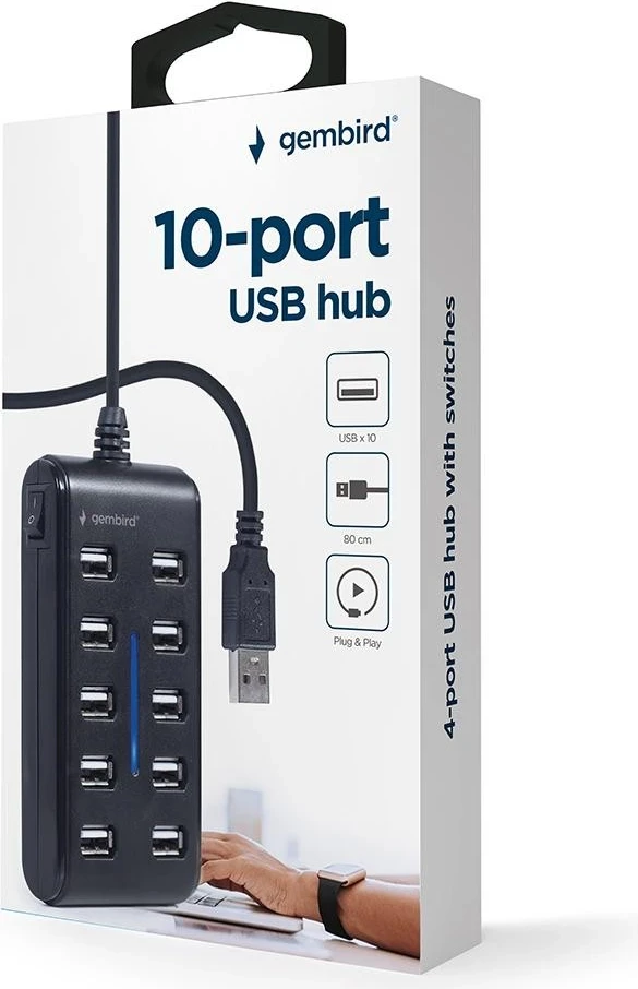 Hub USB Gembird, 10 x USB 2.0, e zezë