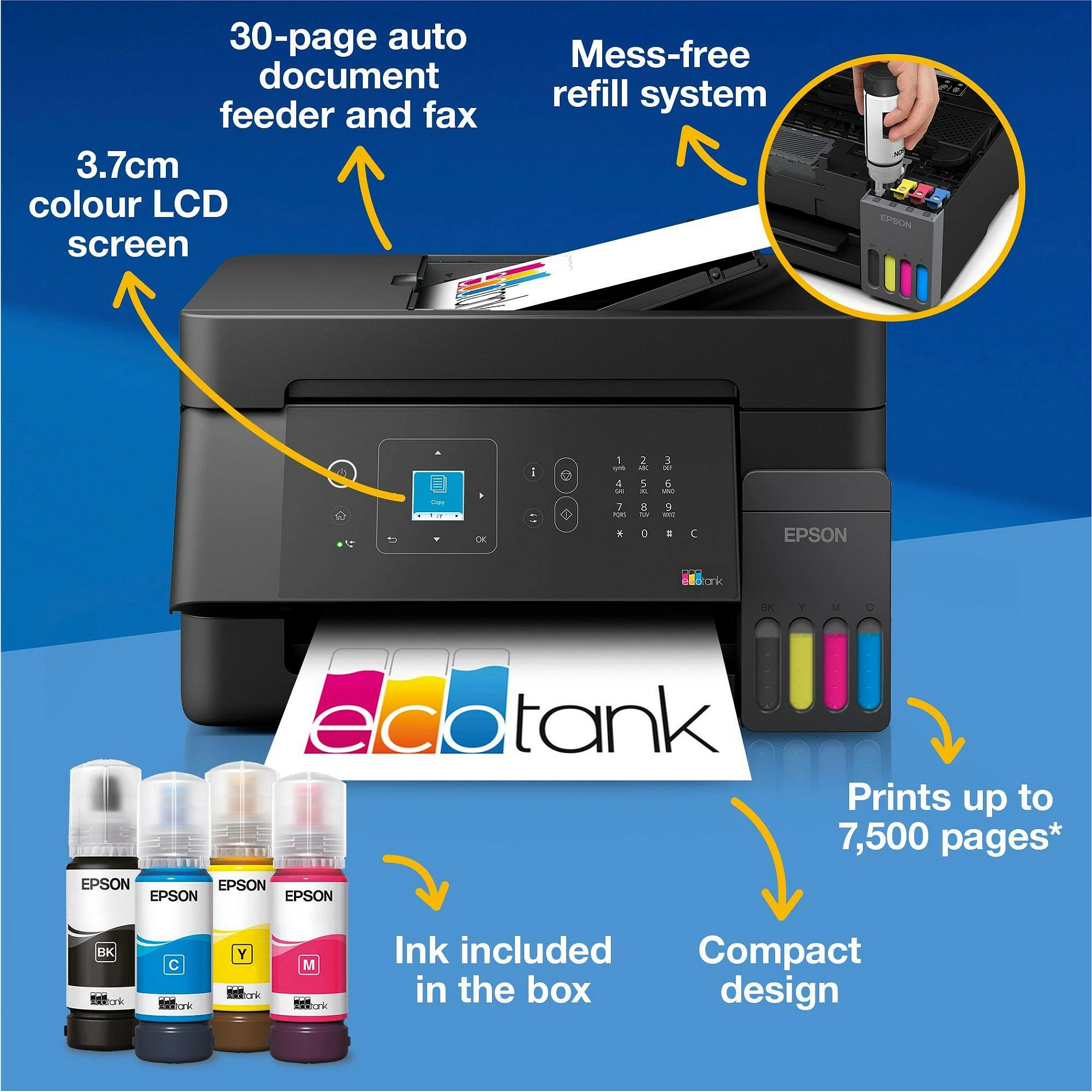 Printer multifunksional Epson EcoTank ET-4900, 4-në-1, Inkjet me ngjyra, A4, 11 faqe/min, i zi