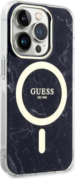 Mbështjellës Guess GUHMP14LPCUMAK për iPhone 14 Pro 6.1", MagSafe, mermer, zi