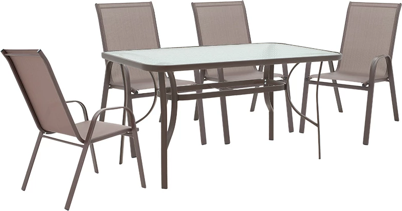 Tavolinë me karrige për terasë, 5 copë, Ensure-Calan, metal-xham, ngjyrë kafe, 140x80x70cm
