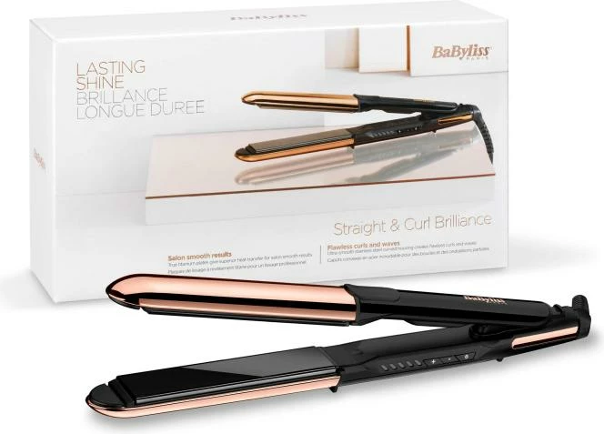 Drejtues dhe kaçurrelues flokësh 2-in-1, BaByliss, Straight & Curl Brilliance ST482E, pllaka titanium-keramike, 150-230°C, jonizim, e zezë ari