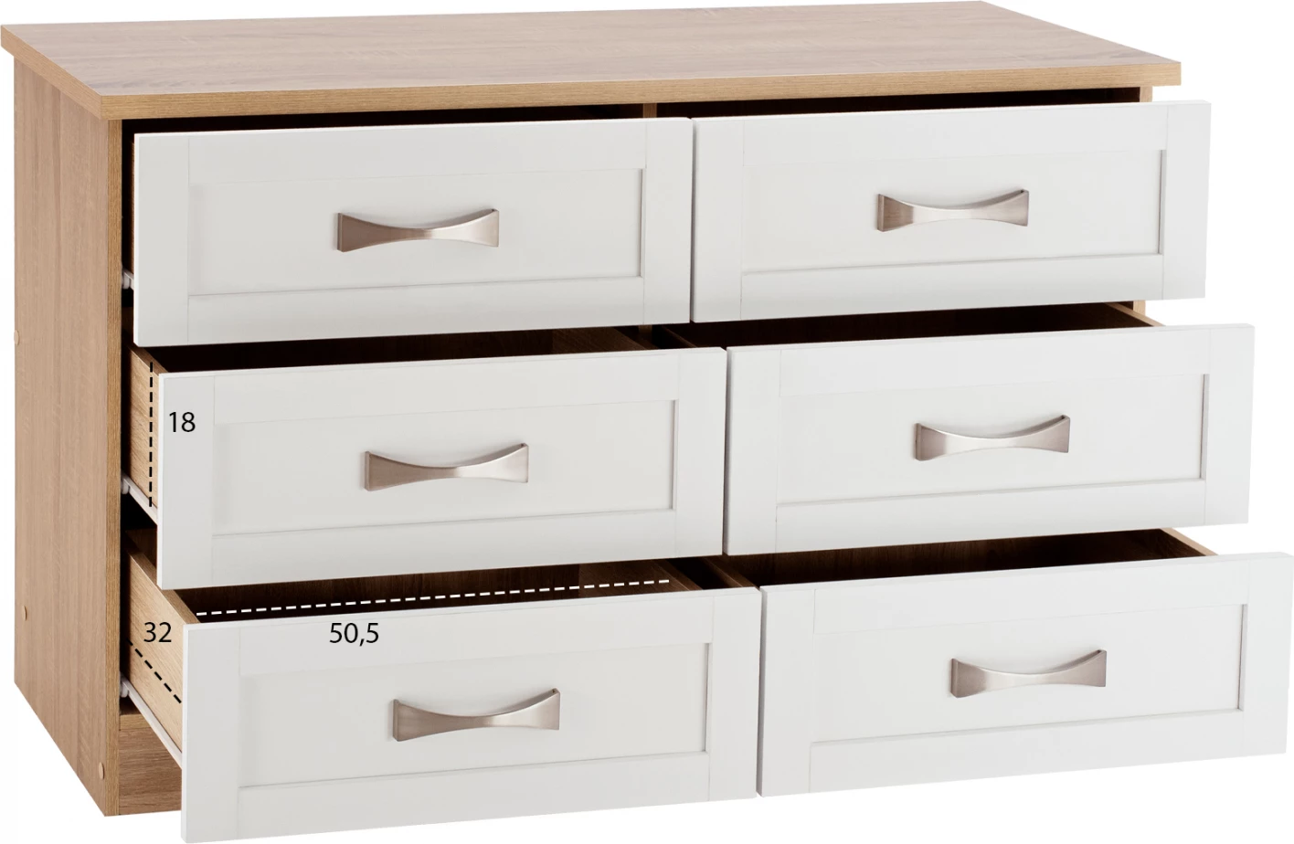 Komodinë dhome gjumi me 6 sirtarë FH317.06, sonama-bardhë, 120x40x76cm