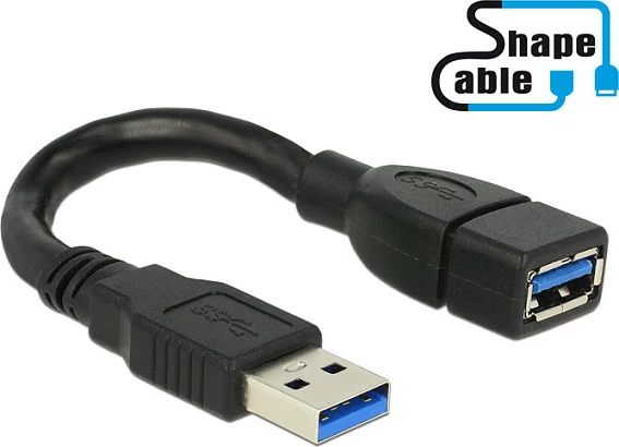 Kabëll zgjatues USB 3.2 Gen 1 DeLOCK ShapeCable 0.15m, USB-A mashkull në USB-A femër, 5 Gbit/s, i zi