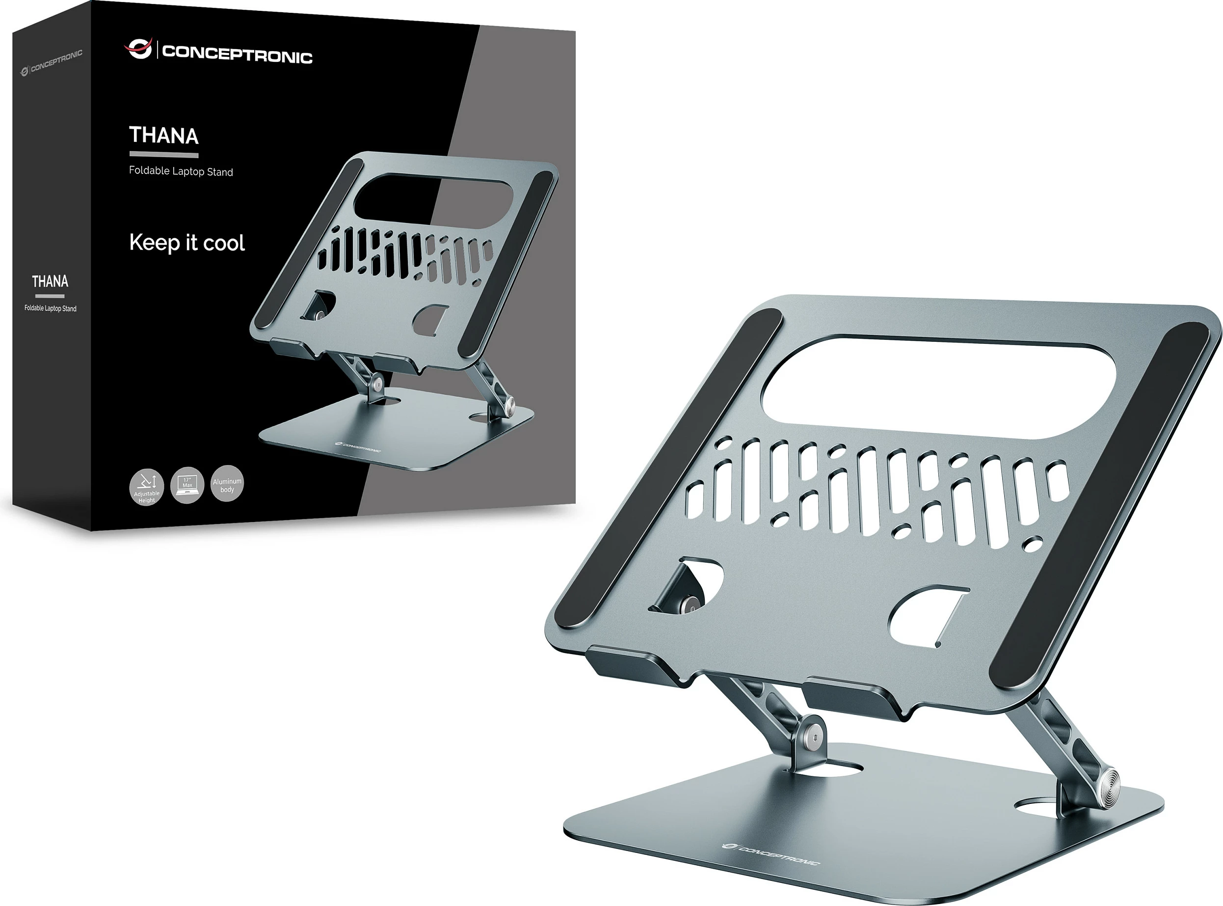 Mbajtëse laptopi Conceptronic, e palosshme, e rregullueshme në lartësi, deri 17", gri
