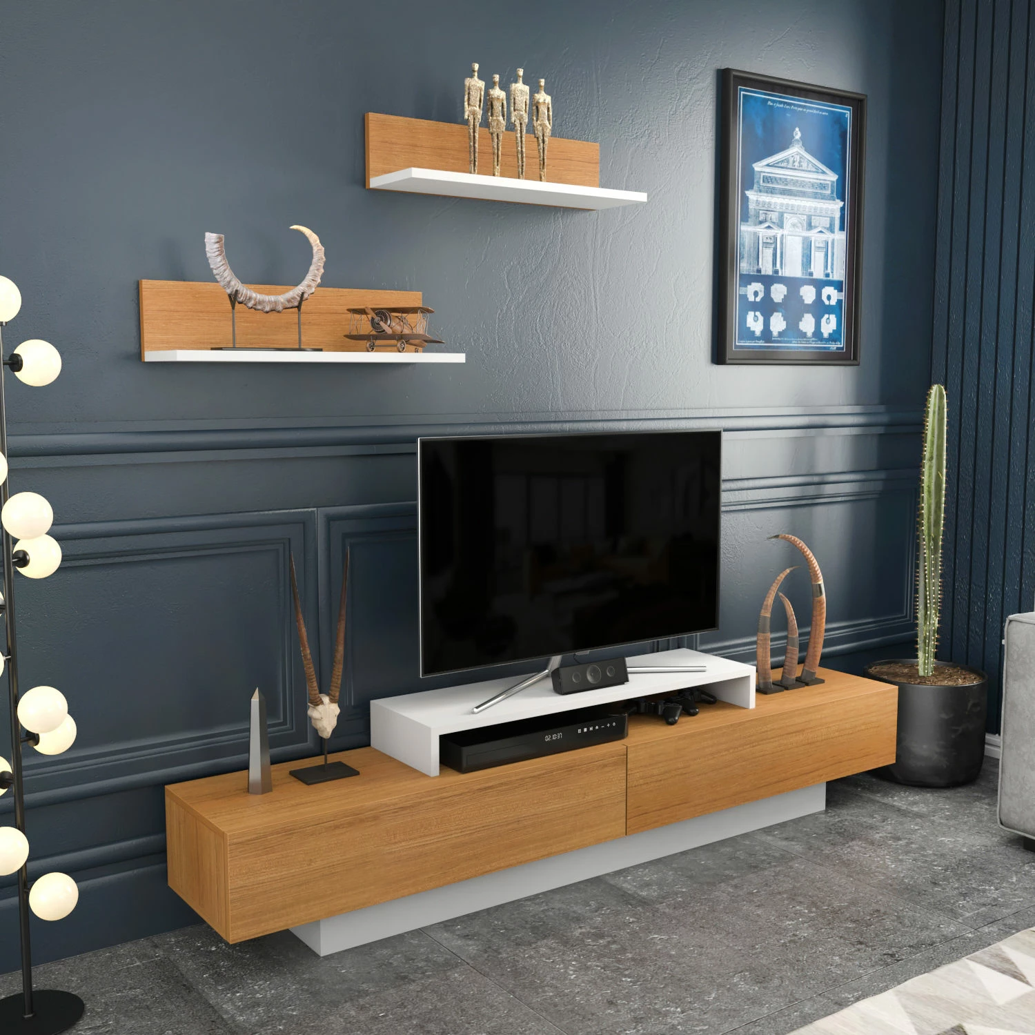Komodë TV Skye Decor, Lusi, e bardhë dhe dru tik