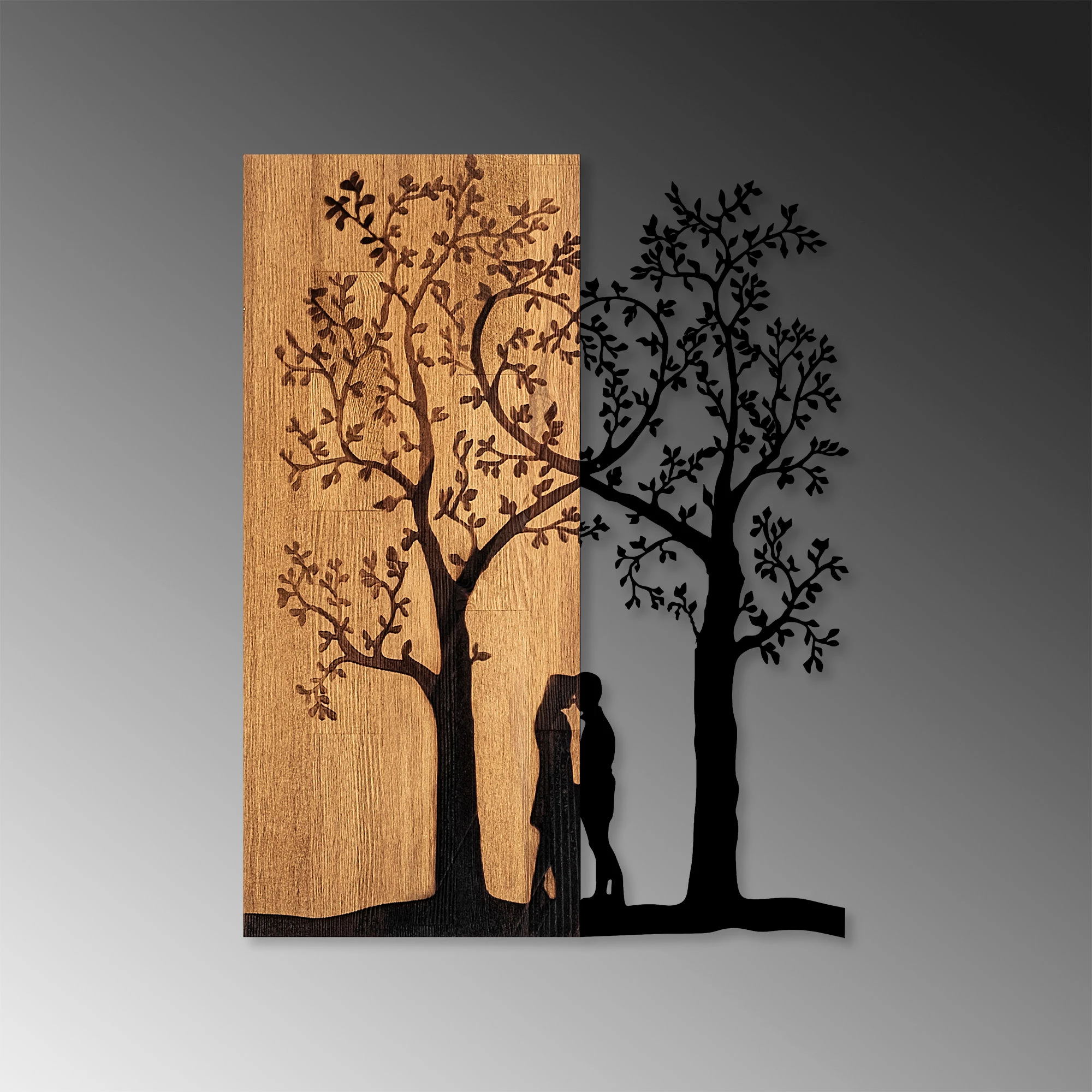 Aksesor dekorativ për mur, dru dhe metal, Love Under The Tree, ngjyrë arre dhe e zezë, 45x58cm