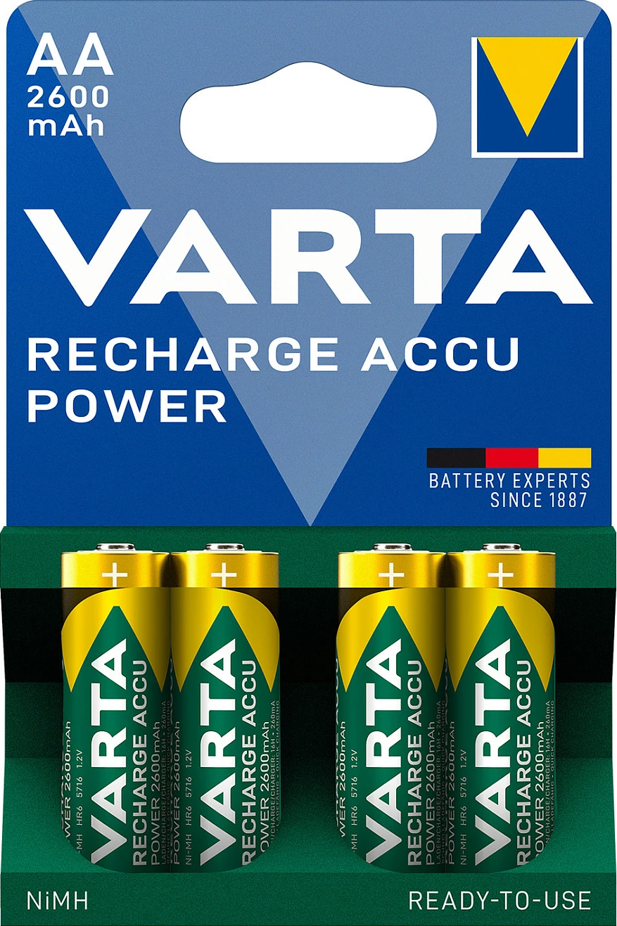 Bateri të rikarikueshme Varta Recharge Accu 05716, AA NiMH, 2600mAh, 1.2V, 4 copë, ari/jeshile