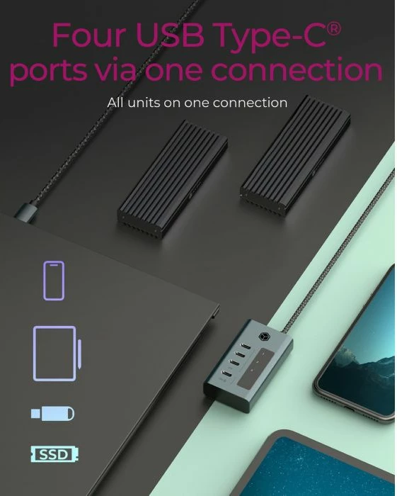 USB-C hub ICYBOX IB-HUB1454-C31, 4 porta, USB 3.2 Gen 2 10 Gbit/s, USB-C PD 20W, kabllo 60 cm, kasë alumini, gri/kaltër